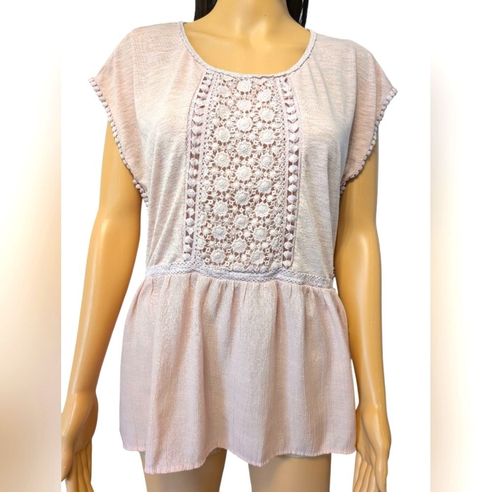 Knox Rose Pale Pink Short Sleeve Top with Embroidery and Pom Poms